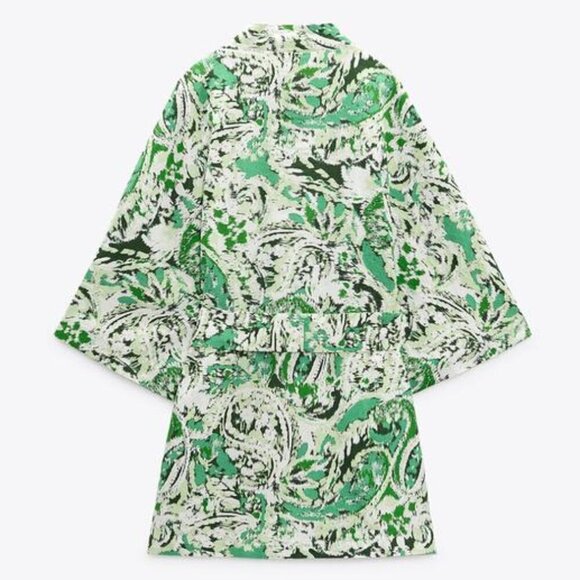 New Zara Printed Linen Blend Belted Green/White Short Kimono Open Front Jacket - Picture 11 of 15